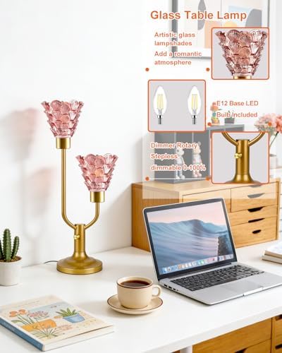 Lightdot Mid Century Modern Table Lamp Dimmable Vintage Pink Glass Lamp