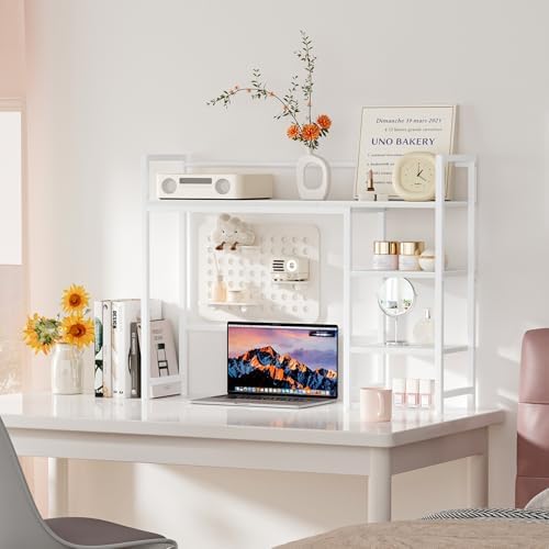 Snughome Desk Shelf, 38.6" Desktop Organizer Shelf, Desk Hutch for Computer Monitor, 4 Tier Desk Display Rack, Wood Desktop Bookshelf Storage Rack for Home Office Dorm, White