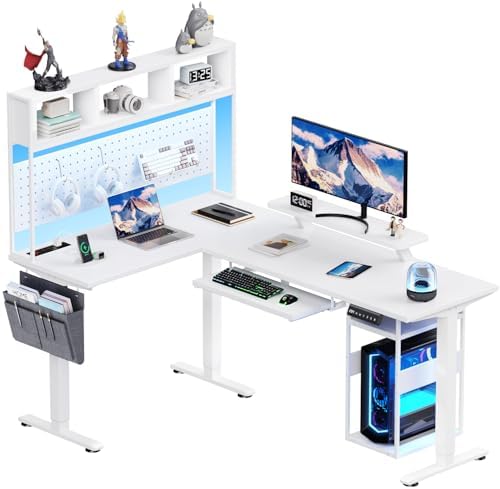 Flycity Electric L Shaped Standing Desk Adjustable Height, 67" x 47" Corner Computer Desk with Host Shelf, Gaming Desk with LED Lights & Power Outlet, Dual Motor Home Office Desk with Storage, White