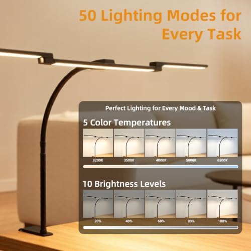 LED Desk Lamp with Clamp for Home Office, Wide Light for Dual Monitors