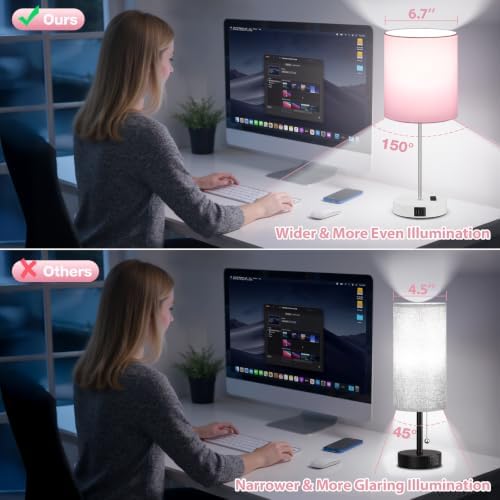 17.6" Pink Touch Lamps for Bedroom Set of 2 - Dimmable, USB C+A, AC Outlet