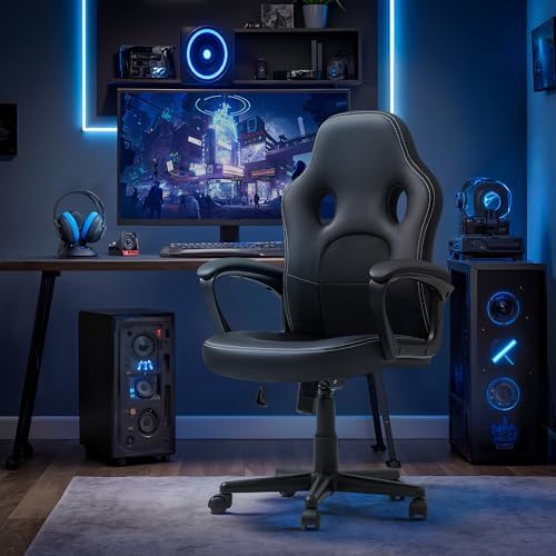 Office Gaming Chair High Back Leather Computer Chairs Ergonomic Height Adjustable Racing Game Desk Chair Executive Conference Task Chair (Black)