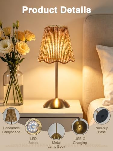 Boho Rattan Table Lamp,Small Wicker Lamp,Rechargeable Led Desk Lamp
