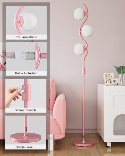 60IN Dimmable Pink Floor Lamp, Modern Standing Lamps with 3 Globe Soft Warm White 3000K Bulbs, Mid Century Floor Lamp with 5Lbs Heavy Base for Living Room Bedroom Home Decor