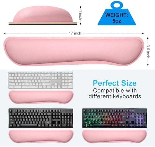 Dapesuom Enlarge Keyboard Wrist Rest, Memory Foam Keyboard Wrist Cushion for Computer Desk Mats Support, Typing Pain Relief Ergonomic Mouse Pad Rests with Non-Slip Base for Gaming, Laptop, Rose Pink