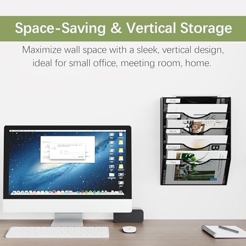EasyPAG Wall File Organizer 5 Tier Hanging Paper Folder Holder, Zero Assembly Metal Mesh Wall Mounted Mail Organizer for Office Home Classroom Narrow Spaces, Black