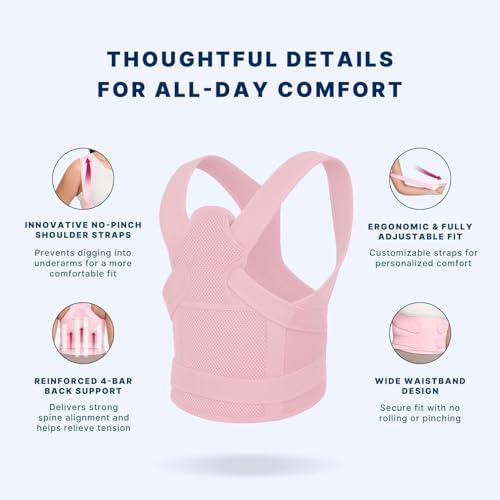 Back Brace Posture Corrector for Women and Men, Shoulder Straightener, Adjustable Full Back Support, Relief for Neck/Shoulder/Back Pain, Scoliosis & Hunchback Correction, Breathable Mesh Design (Pink, Small (Waist 25"-33"))