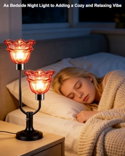 Mid Century Modern Flower Table Lamp Dimmable Red Glass Lamp Gift