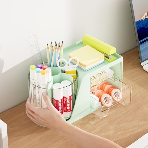 Marbrasse Desk Organizer with 2 Drawer, 360°Rotating Pen Holder, Desk Organizers and Accessories with 6 Slots Pencil Holder + 2 Drawer, Art Supply Storage Box Caddy for Office (Green)