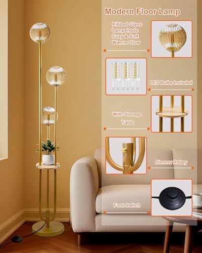 Globe Glass Floor Lamp with Table, Gold Tall Standing Lamps Dimmable, 3000K Warmwhite Mid Century Modern Floor Lamp with 5Lbs Heavy Base for Living Room/Bedroom