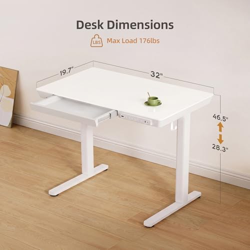 INNOVAR 32" Small Glass Standing Desk with Drawers & USB Ports, Whole-Piece Glass Top Adjustable Height Desks, Quick-Install Electric Sit-Stand Up Desk for Home Office & Computer Workstation, White