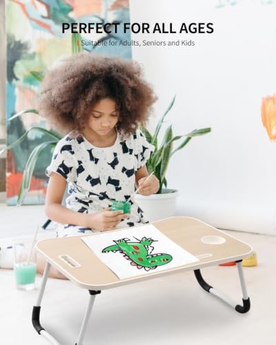FISYOD Foldable Laptop Table, Portable Lap Desk Bed Table Tray, Laptop Stand with Cup Holder & Tablet Slot & Lifting Handle for Working Writing Drawing & Eating (Maple)