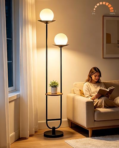 Lightdot 63IN Black Floor Lamp, U-Shape 2 Globe Mid Century Standing Lamps Dimmable with 3000K Warm White LED Bulbs, Unique Vintage Tall Floor Lamp for Living Room/Wedding/Party