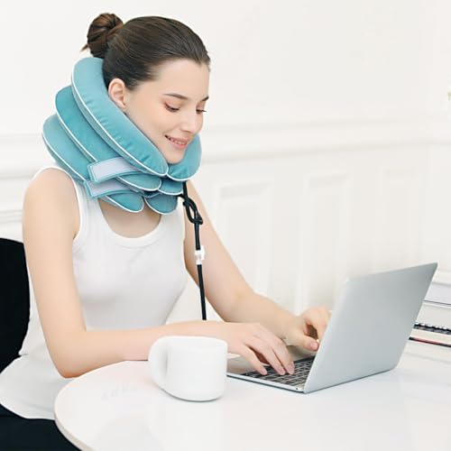 S Cervical Neck Traction Device for Neck Pain Relief - Inflatable Neck Stretcher Traction Collar for Neck Decompression - Best Home Use Neck Brace Pump (Blue Plush)