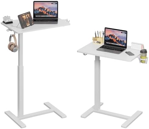 Mobile Standing Desk on Wheels, Pneumatic Height Adjustable, White