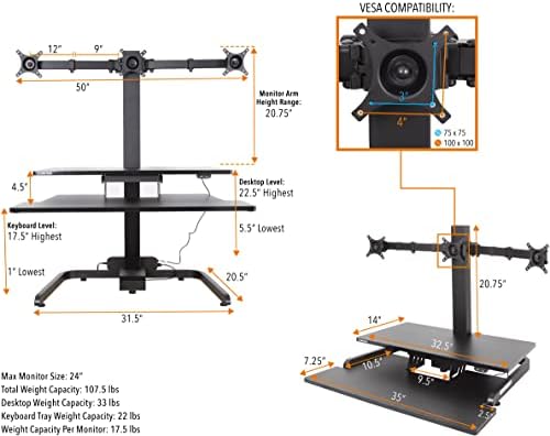 Stand Steady Techtonic Electric Standing Desk Converter wIth Triple Monitor Mount, 3 Screen Support, Quiet Sit-Stand Desk with Button Control, Keyboard Tray, Ideal for Gaming & Computer Work (Black)