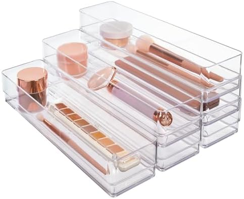 STORi SimpleSort 6-Piece Stackable Clear Drawer Organizer Set | 12" x 3" x 2" Rectangle Trays | Narrow Makeup Vanity Storage Bins and Office Desk Drawer Dividers | Made in USA