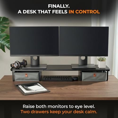 DuoStand Plus - 39” Dual Monitor Riser for Desk with 2 Drawers - Wood & Steel Double Monitor Stand with Storage - Desk Organizer Shelf for Desktop Computer, Laptop, TV & Printer (Matte Black)