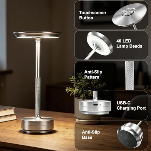 LED Cordless Table Lamp Rechargeable Battery Outdoor Light Silver