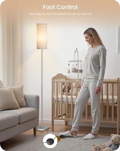 Dimmable Floor Lamps for Living Room with Remote and Foot Switch, 64.4” Modern Standing Tall Lamp, Corner Lamp for Bedroom, Office, Bulb Included, 3000K-6500K, Beige and Silver, FCC Listed SE06LD05W1