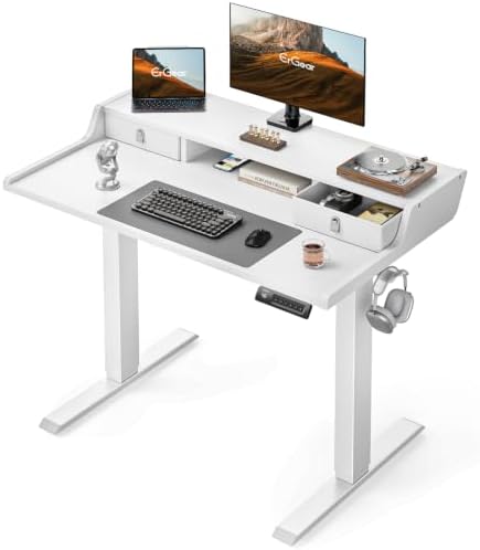 ErGear Electric Standing Desk with Drawers, 40″ x 24″ Small Gaming Table Compatible Monitor Stand, Stand up Desks, Home Office Height-Adjustable Desk with Storage Shelf, 4 Preset Heights, White