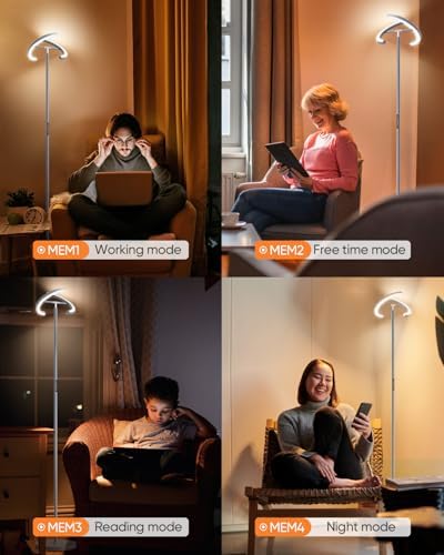 SIBRILLE Silver Floor Lamps for Living Room, Stepless Dimmable Standing Lamp with Touch Remote Control, 22W Rotatable LED Floor Light Tall Uplighter for Bedroom Office, 69'' Modern Room Light