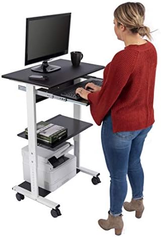 Stand Up Desk Store Mobile Rolling Adjustable Height Standing Workstation with Printer Shelf and Slideout Keyboard Tray (White Frame/Black Top, 30" Wide)