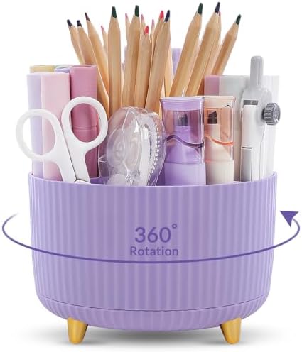 KONVINIT Pencil Pen Holder for Desk, 5 Slots 360-Degree Rotating Desktop Organizer, Cute Desk Organizers and Accessories for School, Home, Office and Art Supply, Purple