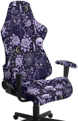 Halloween Gothic Black Cat Gaming Chair Cover Stretchable Game Chair Slipcovers with 2 Armrest Covers, Scratch-Proof Gamer Desk Chair Covers for Computer Office Seat