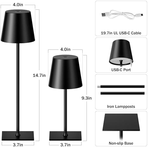 Kakanuo Black Cordless Rechargeable Table Lamp, 4 Pack Portable Desk Lamp with 5000mAh Battery, Touch Control Stepless Dimming, Wireless Night Light for Dining, Outdoor Camping, Coffee Shop