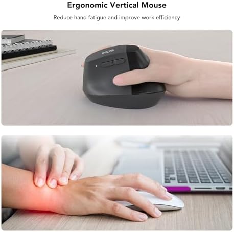 KYSONA EM18 Wireless Ergonomic Vertical Mouse, Ergo Design, Bluetooth Cordless Mouse for Medium/Large Hands, Silent Click, 5-Level Adjustable DPI, Carpal Tunnel Mice for Computer/PC/Mac/Laptop, Black