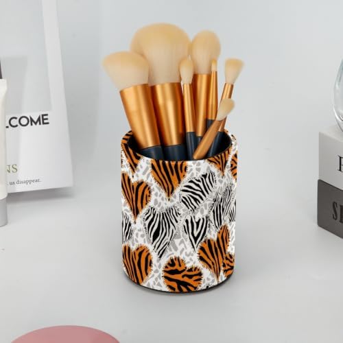 Leather Pen Holder for Desk, Tiger Zebra Print Pencil Cup Pen Organizer Makeup Brush Holder for Office Home Kids Countertop Desk Accessory Storage