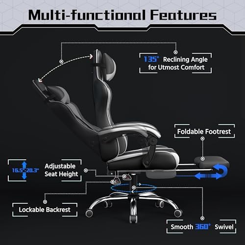 Yaheetech Gaming Chair with Footrest Massage Lumbar Pillow Black and White