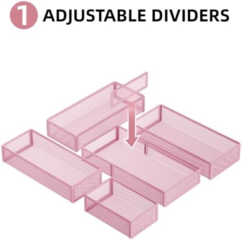 Marbrasse 5 Pack Desk Drawer Organizer Set, Mesh Drawer Storage Trays with 1 Adjustable Divider, Desk Organizers and Accessories, 5 PCS Drawer for Office Supplies, Makeup & Vanity (Pink)