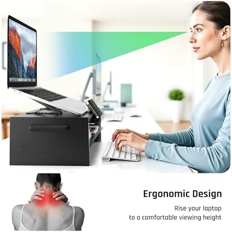 AFOOYO Adjustable Wood Laptop Stand, Ergonomic Height Angles Computer Holder Riser for Desk Compatible with Air, Pro, Dell, HP, Lenovo More 10-17.3" Laptops, Black