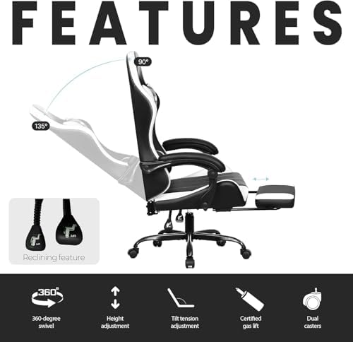 N-GEN GAMING Gaming Chair, Footrest, Lumbar, High-Back, White Black