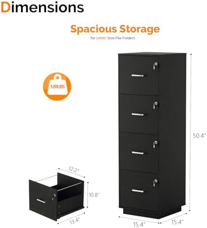 VINGLI 4 Drawer File Cabinet with Lock, Home Office Filing Organizer, for Letter Size File Folder Storage, Wood Tall Vertical Filing Cabinet, Printer Stand, Archivador (Black)