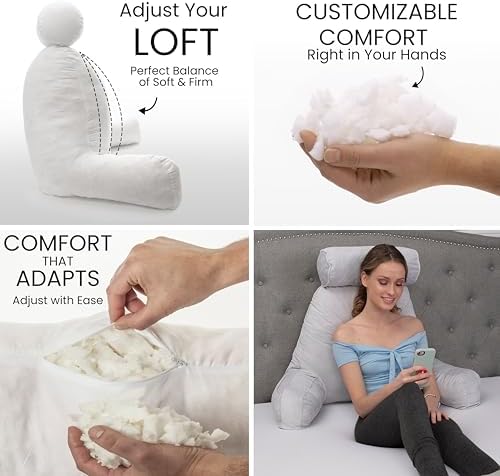 Husband Pillow XXL The Original for Adults - 30" Tall Backrest for Sitting Up in Bed - Firm Support Reading & Bed Rest Pillows for Adults, Neck Roll, Removable Cover - TV - Light Grey