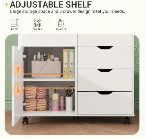 DEVAISE 5-Drawer Wood Office Cabinet, Craft Storage Cabinet, White