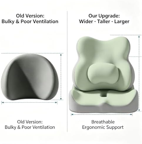 Upgraded Large Ergonomic Memory Foam Seat & Lumbar Cushion Set, 2‑Piece Support Chair Pad, Tailbone Pressure Relief for Office Desk Home Chair, Washable Cover(Green)