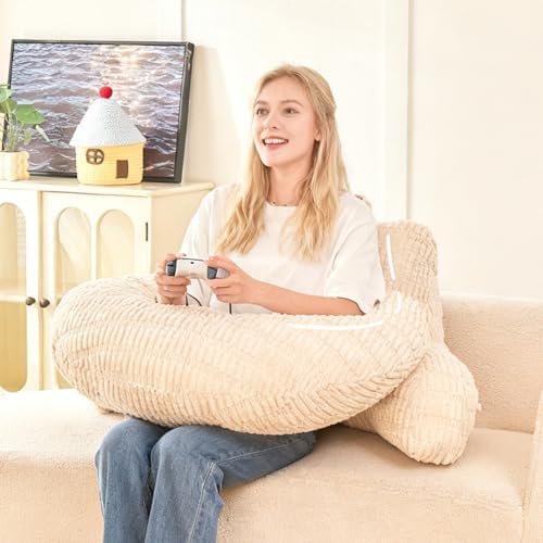 19" Reading Pillow for Bed,U Shaped Arm & Elbow Support,White Corduroy