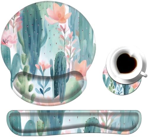 Keyboard Wrist Rest and Mouse Pad Wrist Support Set with Coaster,Ergonomic Mouse Pad,Comfortable for Easy Typing, Pain Relief,Memory Foam Keyboard Pad Set for Laptop Mac,Colorful Cactus