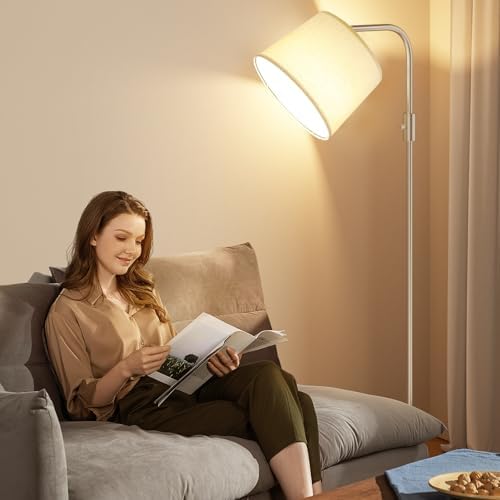 Ambimall Fully Dimmable Floor Lamp with 9W LED Bulb, Standing Lamp for Living Room with Adjustable Head, Modern Tall Light with Rotary Switch for Office, Light Gold and Beige