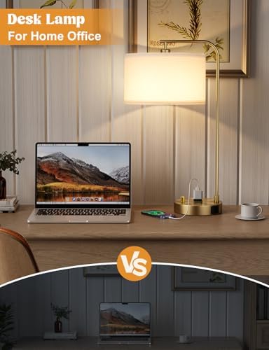 20.7" Gold Table Lamp with USB & Outlet, Fully Dimmable Nightstand Lamp