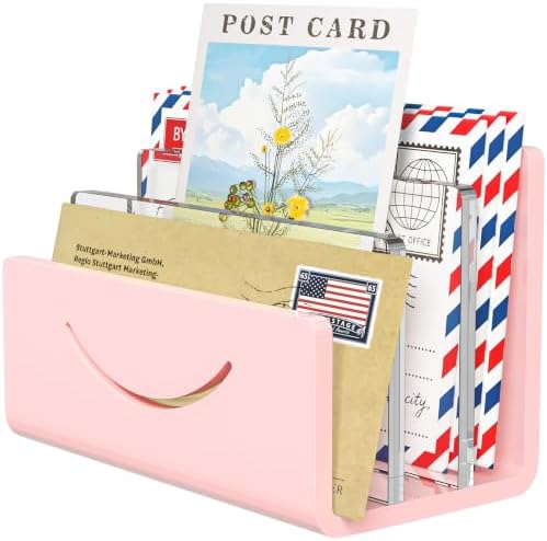 Mail Organizer Envelope Holder - 3 Compartments Pink Acrylic Mail Holder Countertop Home Office Desk Organizer Small File Sorter Vertical Bill Letter Paper Document Storage Rack