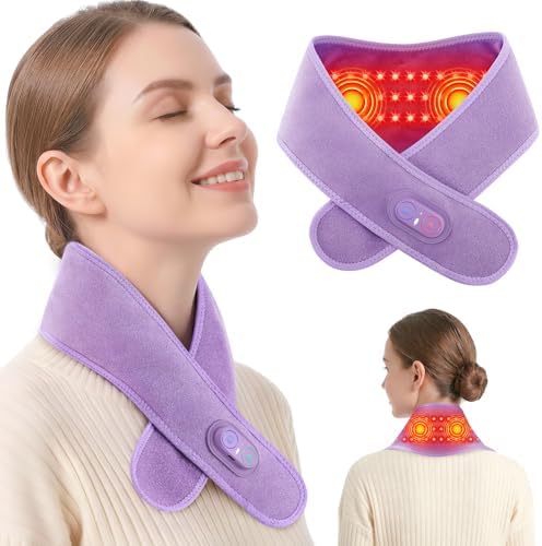 Cordless Neck Heating Pad for Pain, Neck Massager with 660nm 850nm Red Light, Heated Neck Wrap with 3000mAh Rechargeable, 3 Levels Heat & Massage, Purple
