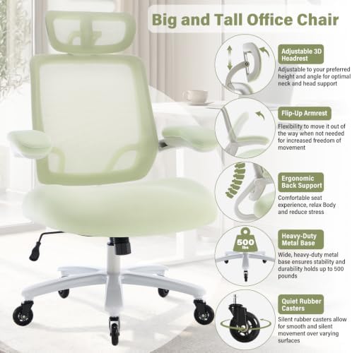 Big and Tall Office Chair with 500 LBS Capacity and Memory Foam Seat, Green