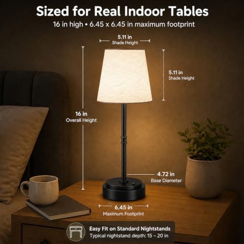 Rechargeable Cordless Table Lamp, Battery Operated Bedside Lamp, Black