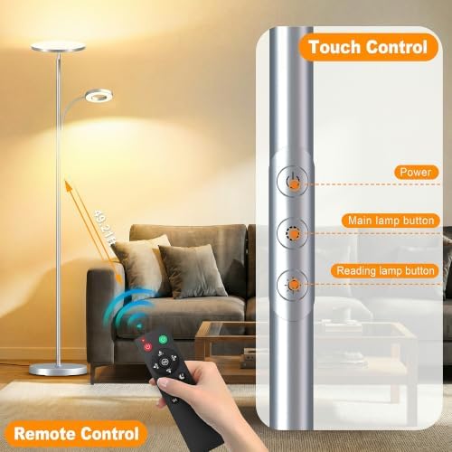 marctronic Silver Modern Floor Lamp, 42W 4000LM High Lumen Output, Full Range Dimming & Preset Modes, Touch Control Standing Lamp for Living Room/Reading Nook