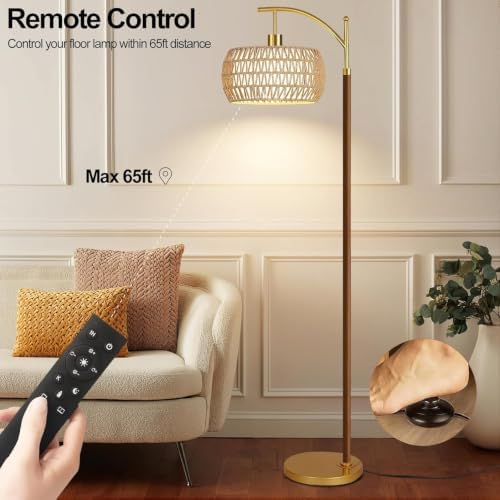 ZECOXOL Wood Floor Lamps for Living Room Arc Boho Floor Lamp with Remote Control & 3 Color Temperatures,Vintage Wicker Rattan Standing Lamp Dimmable Tall Floor Lamp for Bedroom Living Room Corner